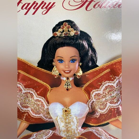 1997 Holiday Barbie Happy Holidays Gold Special Edition Eyes Blue Box Green Doll - Picture 3 of 8